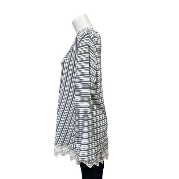 LOGO Lori Goldstein Gray Assymetric Striped Longsleeve Tunic Top Lace trim sz L - Picture 4 of 7
